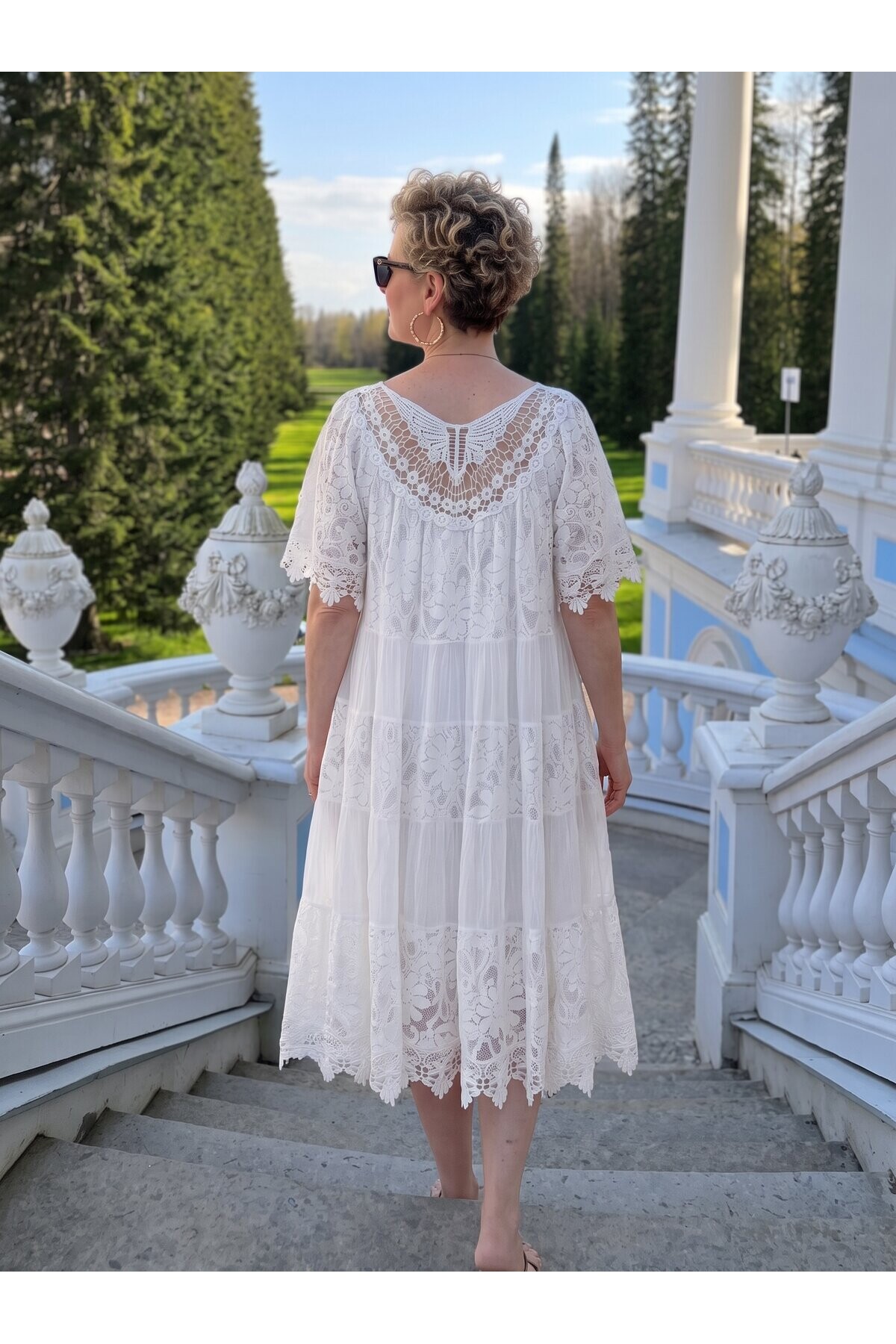 Amore| Dantel Detaylı Katmanlı Vintage Elbise Beyaz