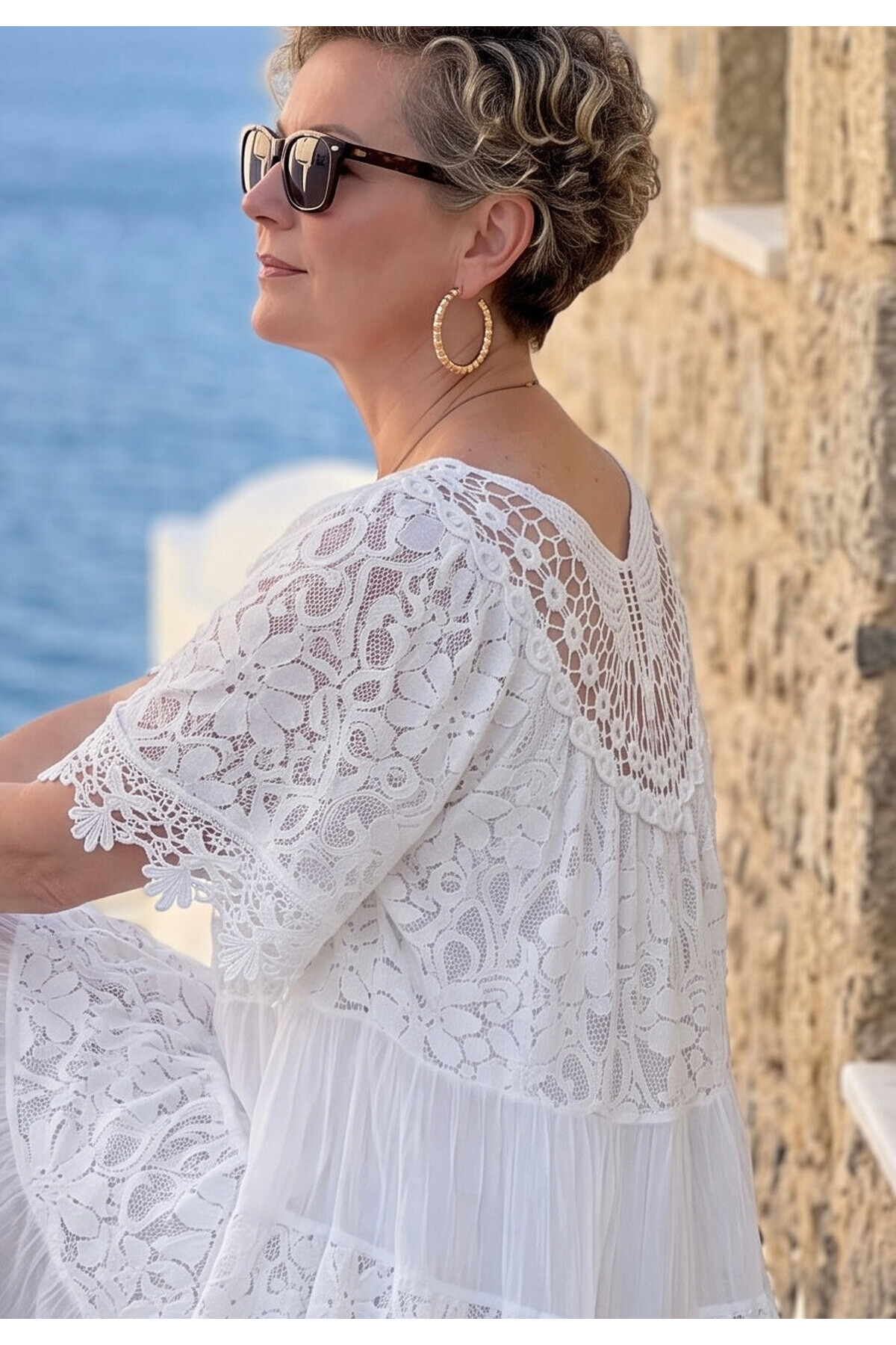 Amore| Dantel Detaylı Katmanlı Vintage Elbise Beyaz