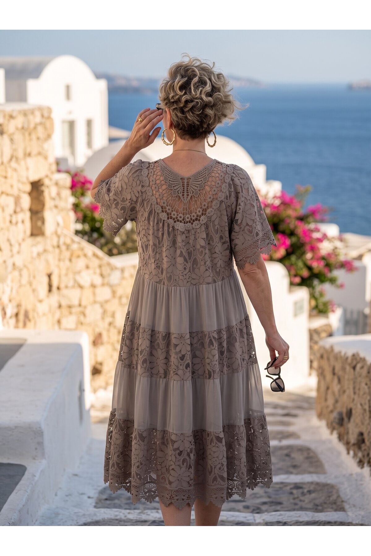 Amore| Dantel Detaylı Katmanlı Vintage Elbise Fango