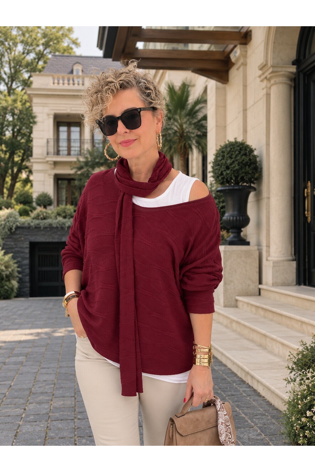 Dalia | İthal Fular Detaylı İkili Görünümlü Triko Bluz Bordo