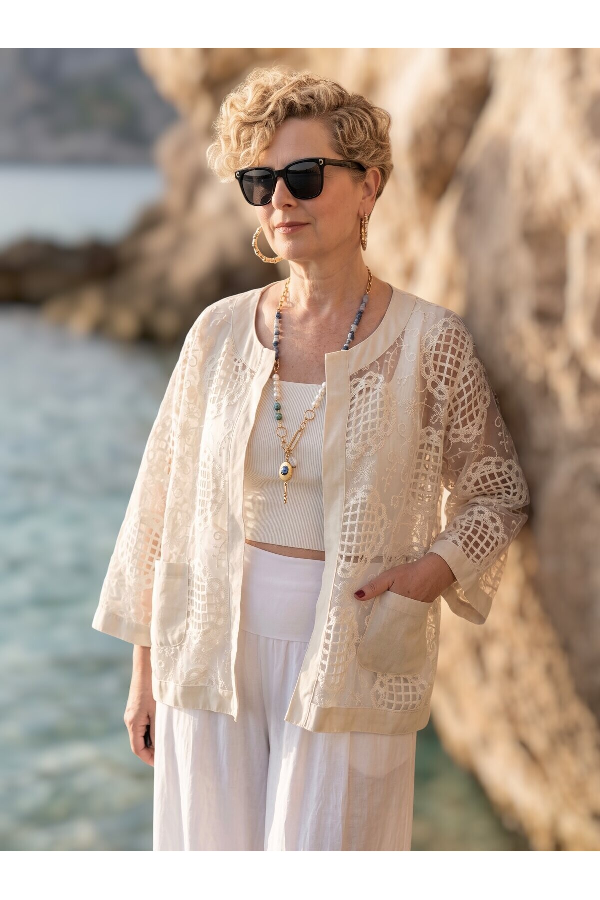 Emma İtalyan Dantel Nakışlı Ceket Beige