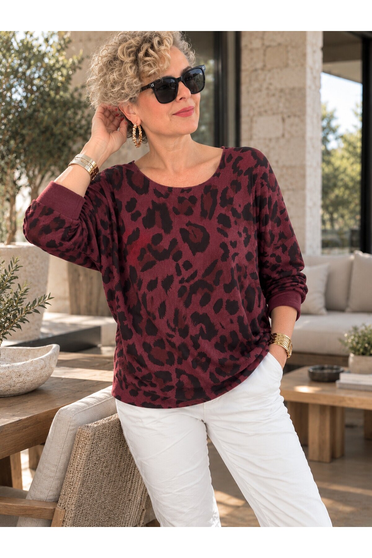 Fenna | İthal Leopar Desen Asimetrik Triko Bluz Bordo