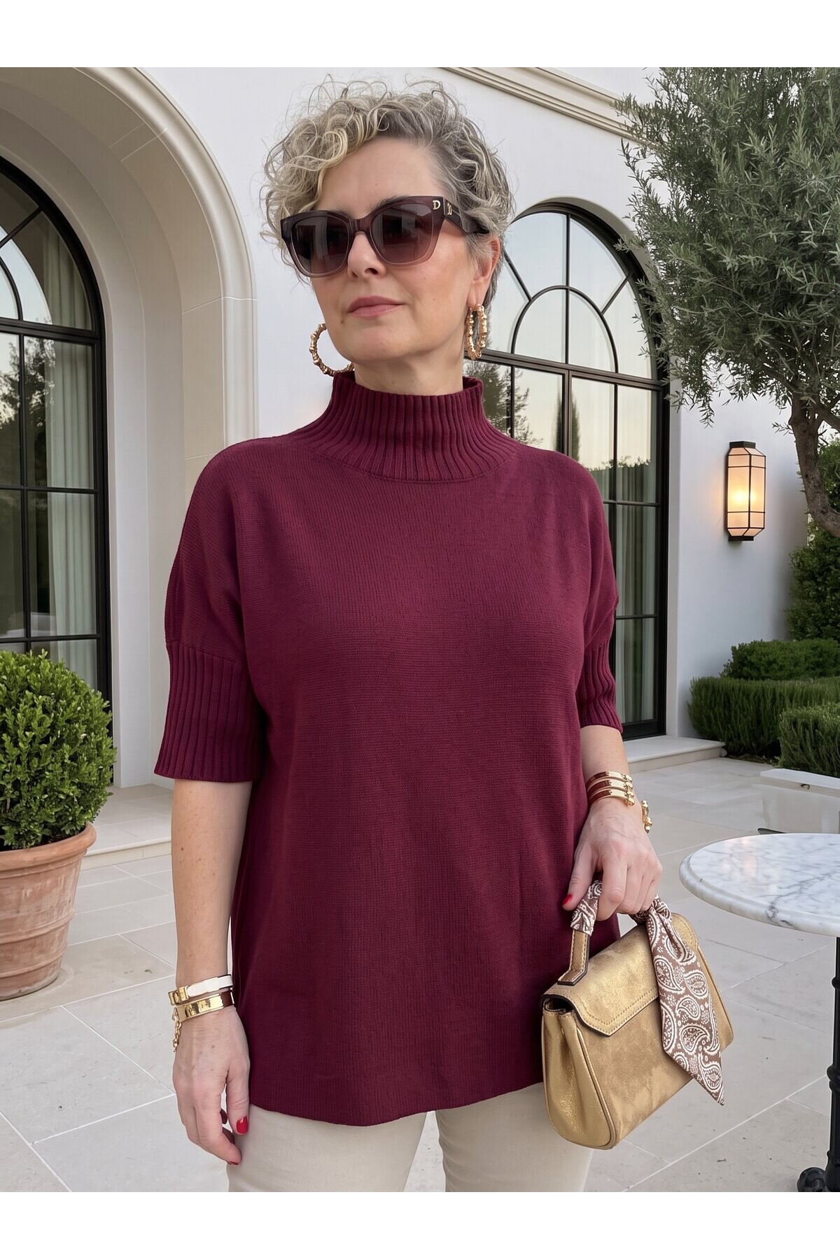 Fiaba | VIP İthal Dik Yaka Triko Bluz Bordo