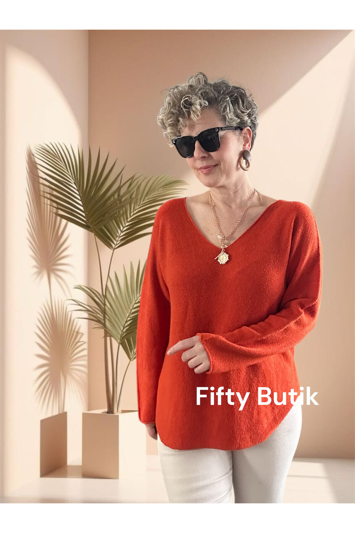 Fikka İtalyan V Yaka Angora Oval Triko Kiremit