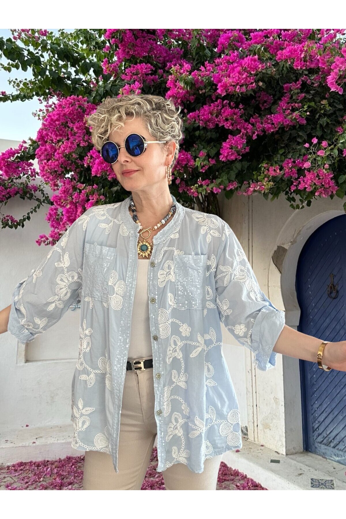 Getto İtalyan Çiçek Brode Detaylı Pamuk Gömlek Bebe Mavi