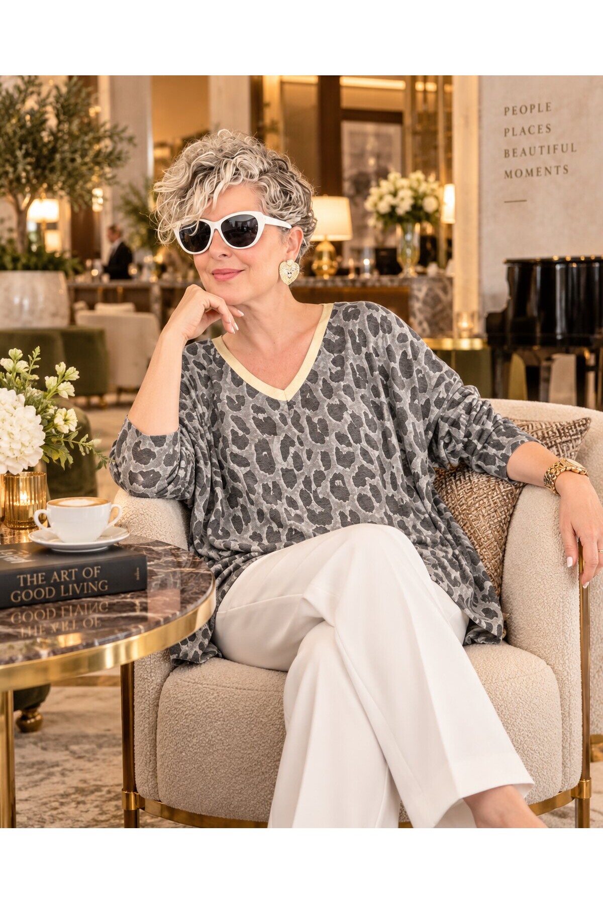 Hanna İtalyan Leopar Desen Simli Bluz Gri