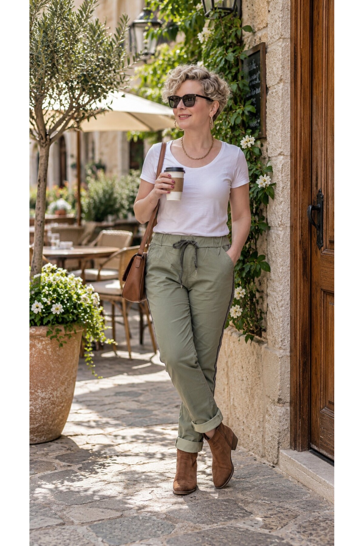 Lecce İtalyan Sihirli İnce Taş Şerit Detay Pantalon Haki