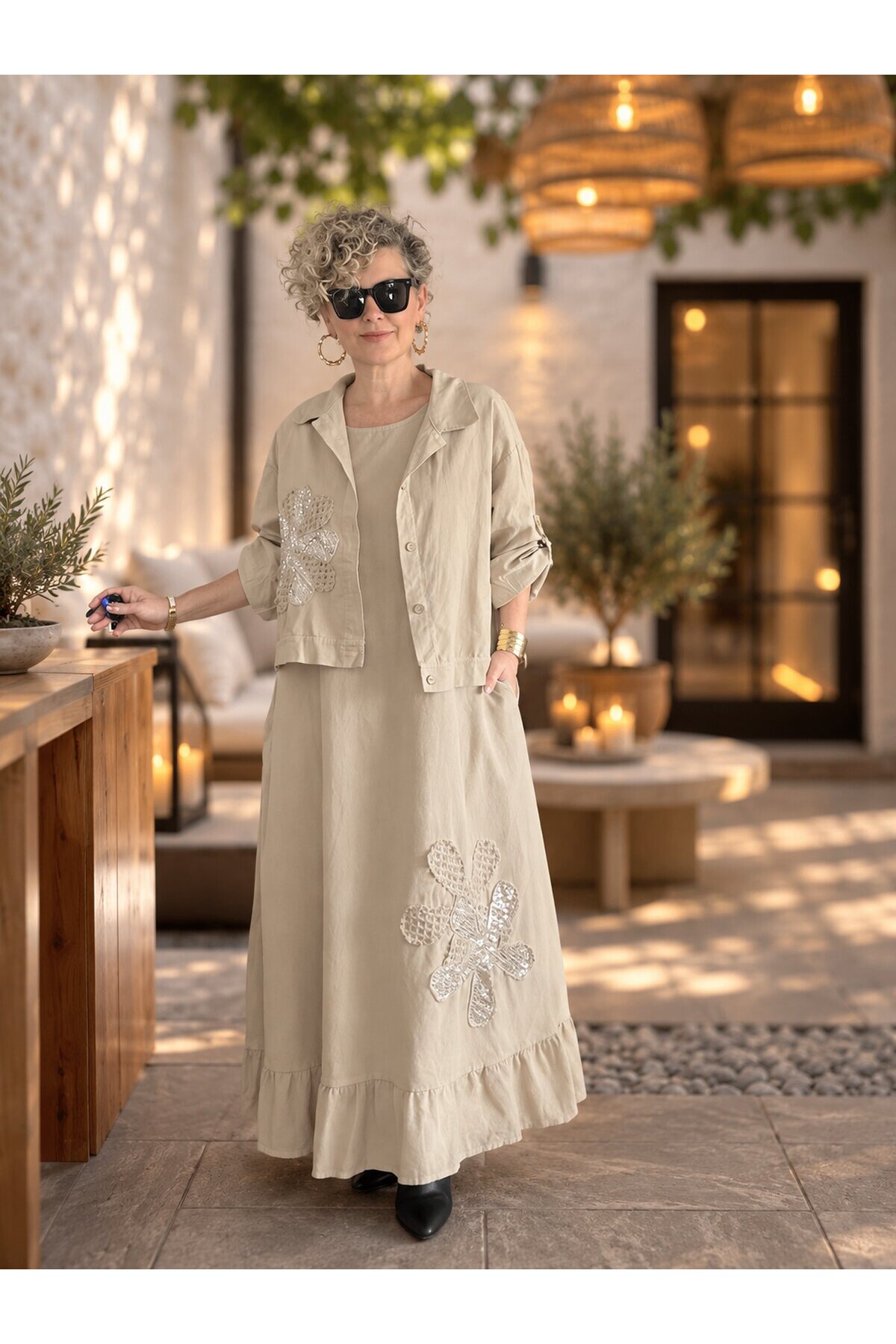 Lissa| İthal %100 Kadife Ceket & Kolsuz Elbise Takım Papatya Beige