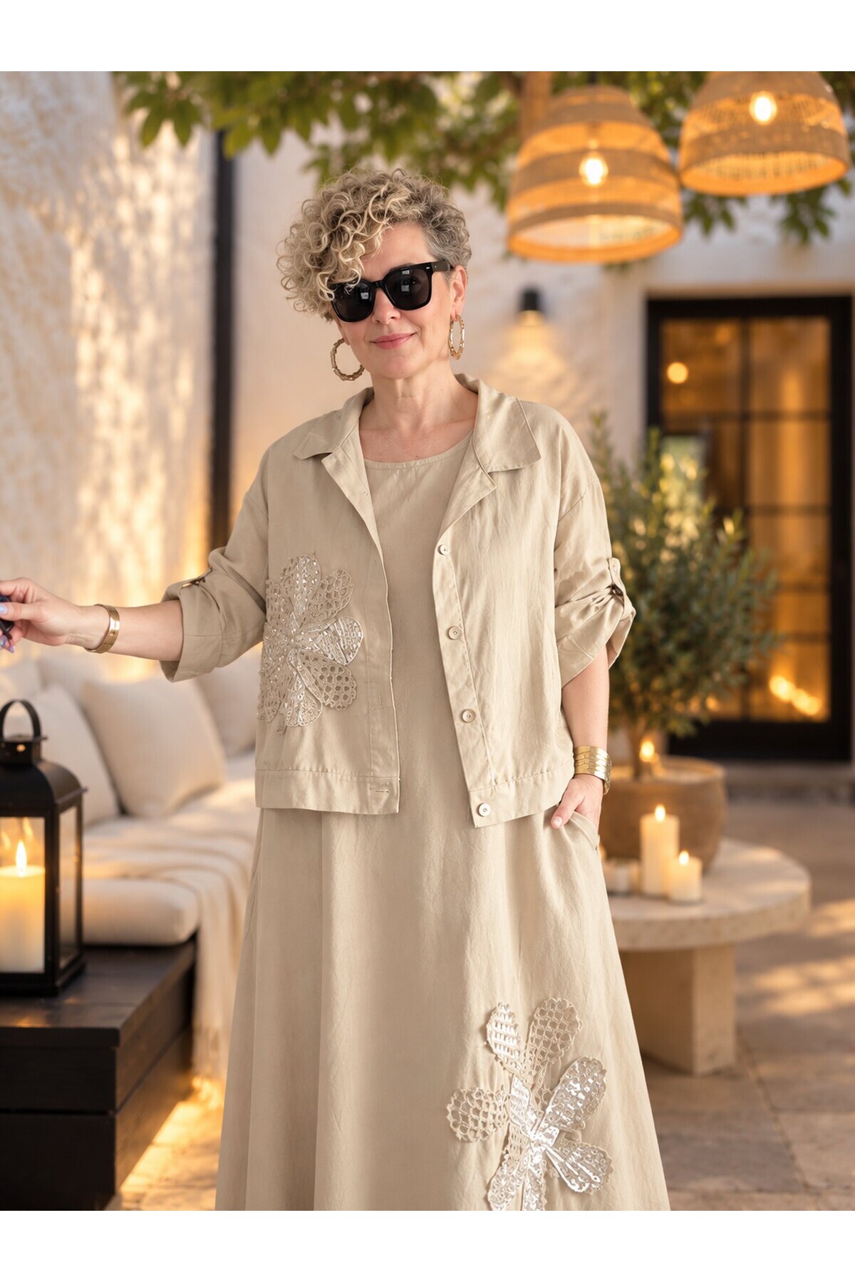 Lissa| İthal %100 Kadife Ceket & Kolsuz Elbise Takım Papatya Beige