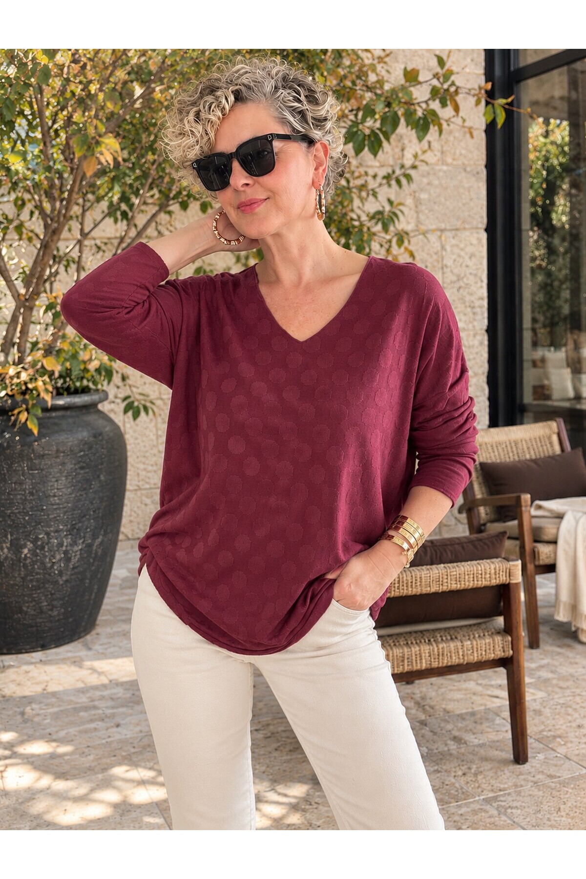 Livo | İthal Puantiye Kabartmalı Angora Triko Bluz Bordo