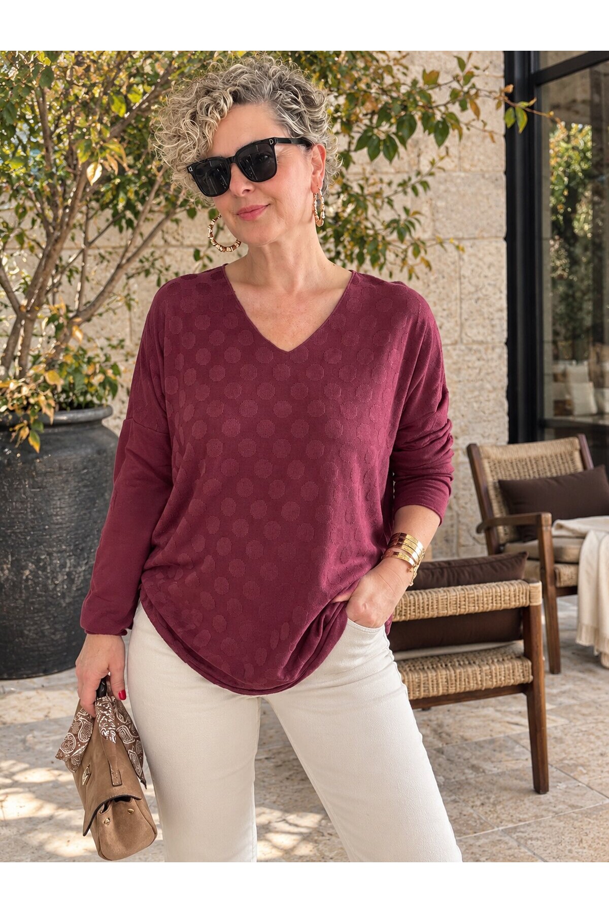 Livo | İthal Puantiye Kabartmalı Angora Triko Bluz Bordo