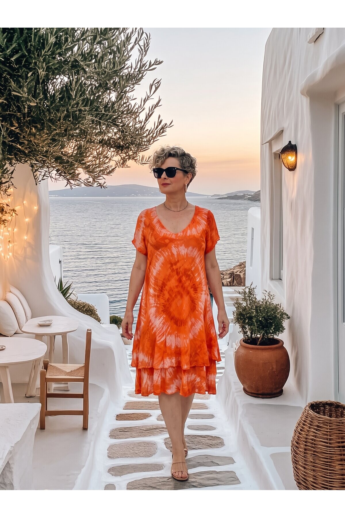 Marry | İtalyan Batik Desenli Kat Kat Volanlı Elbise Orange
