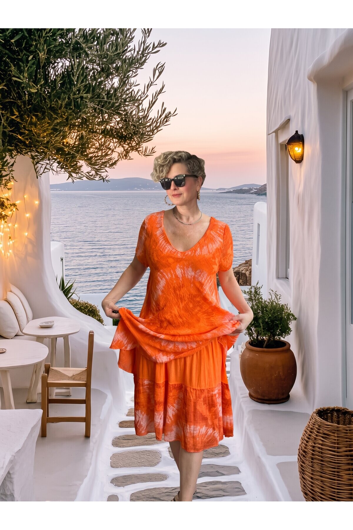 Marry | İtalyan Batik Desenli Kat Kat Volanlı Elbise Orange