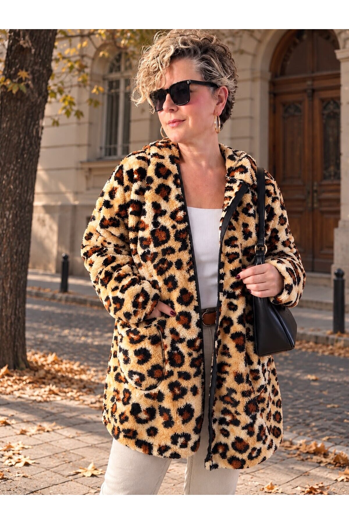 Mesta | Leopar Desenli Kapüşonlu Oversize Polar Peluş Hırka Desenli