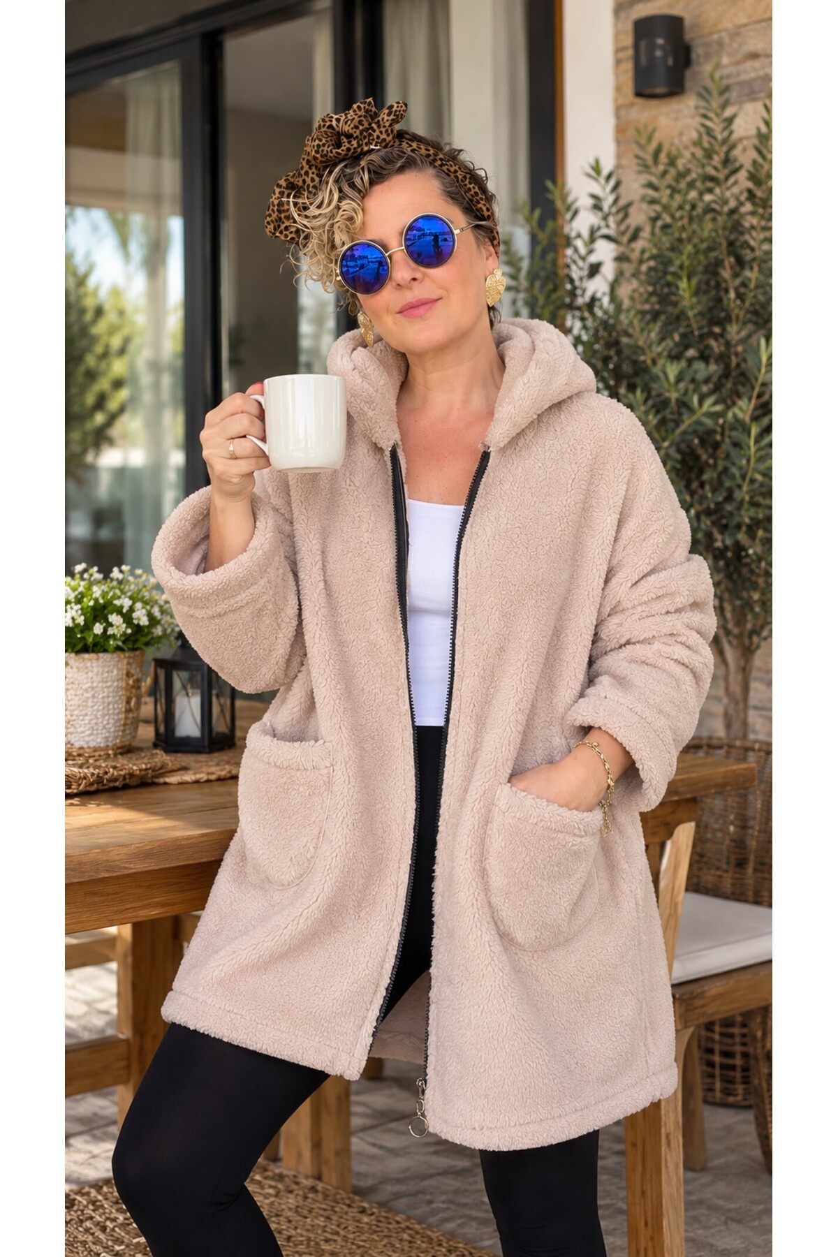 Nessa | Kapüşonlu Oversize Polar Peluş Hırka Açık Bej