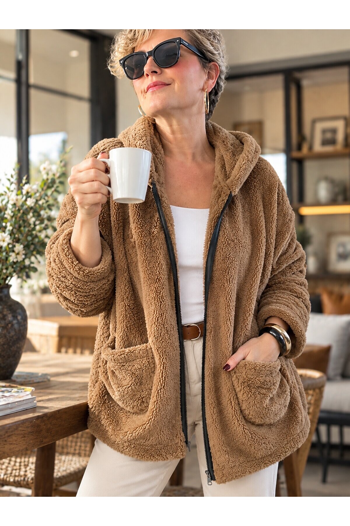 Nessa | Kapüşonlu Oversize Polar Peluş Hırka Coffy