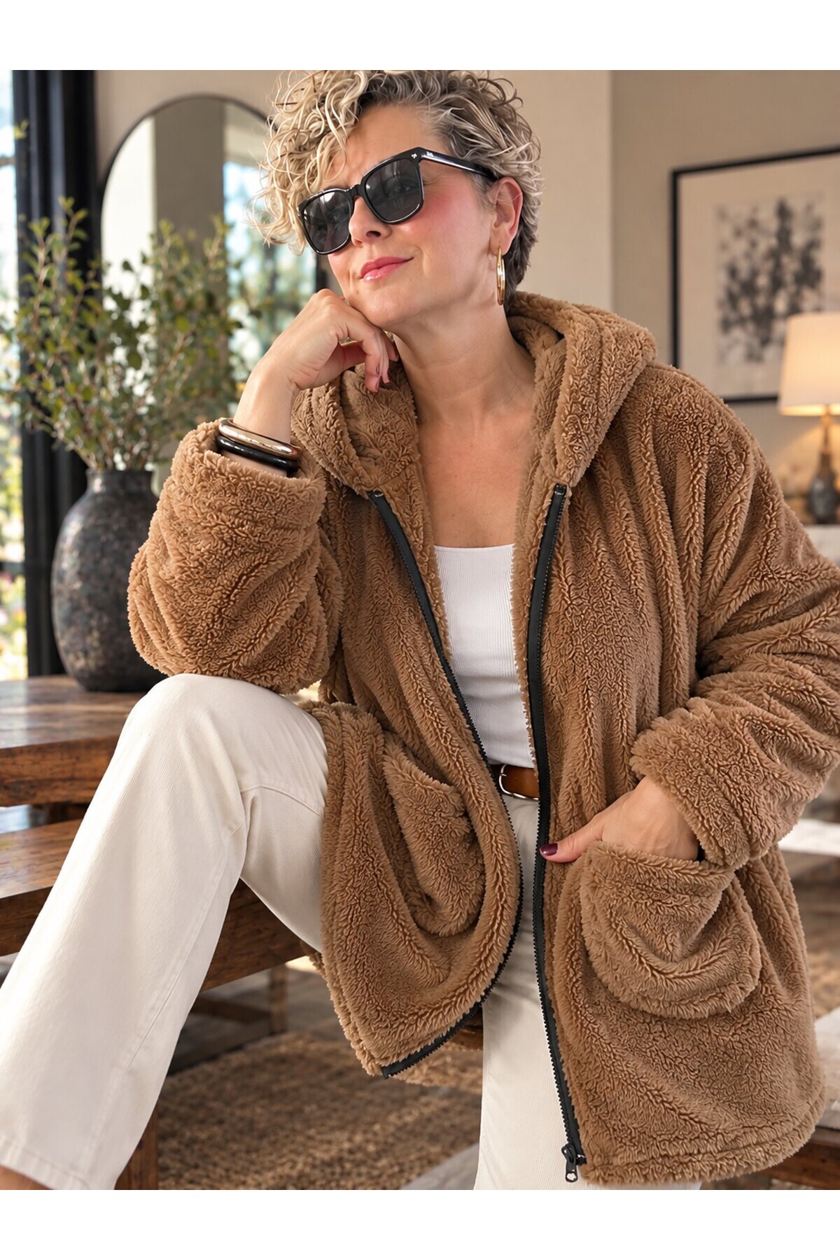 Nessa | Kapüşonlu Oversize Polar Peluş Hırka Coffy