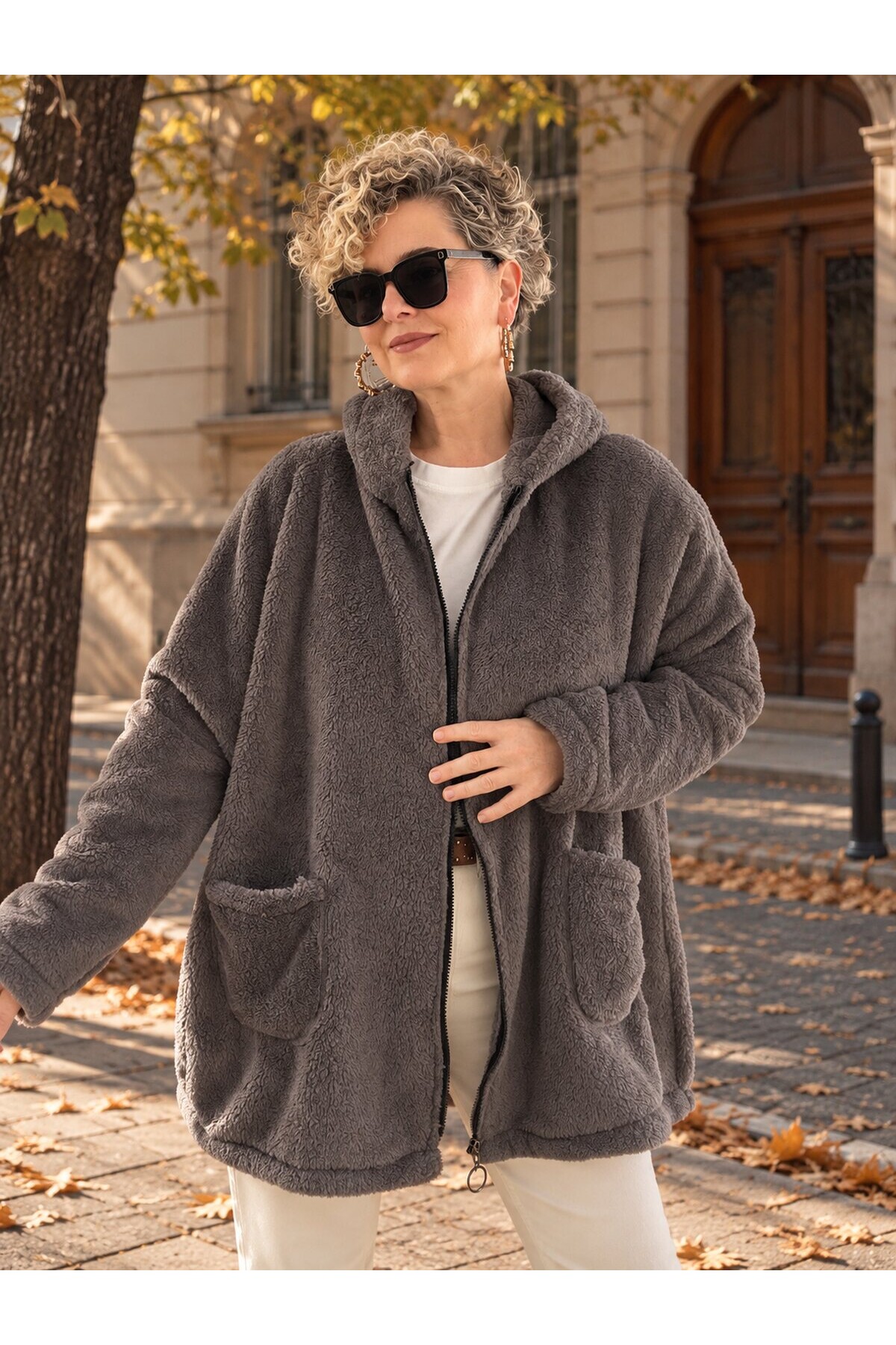 Nessa | Kapüşonlu Oversize Polar Peluş Hırka Gri