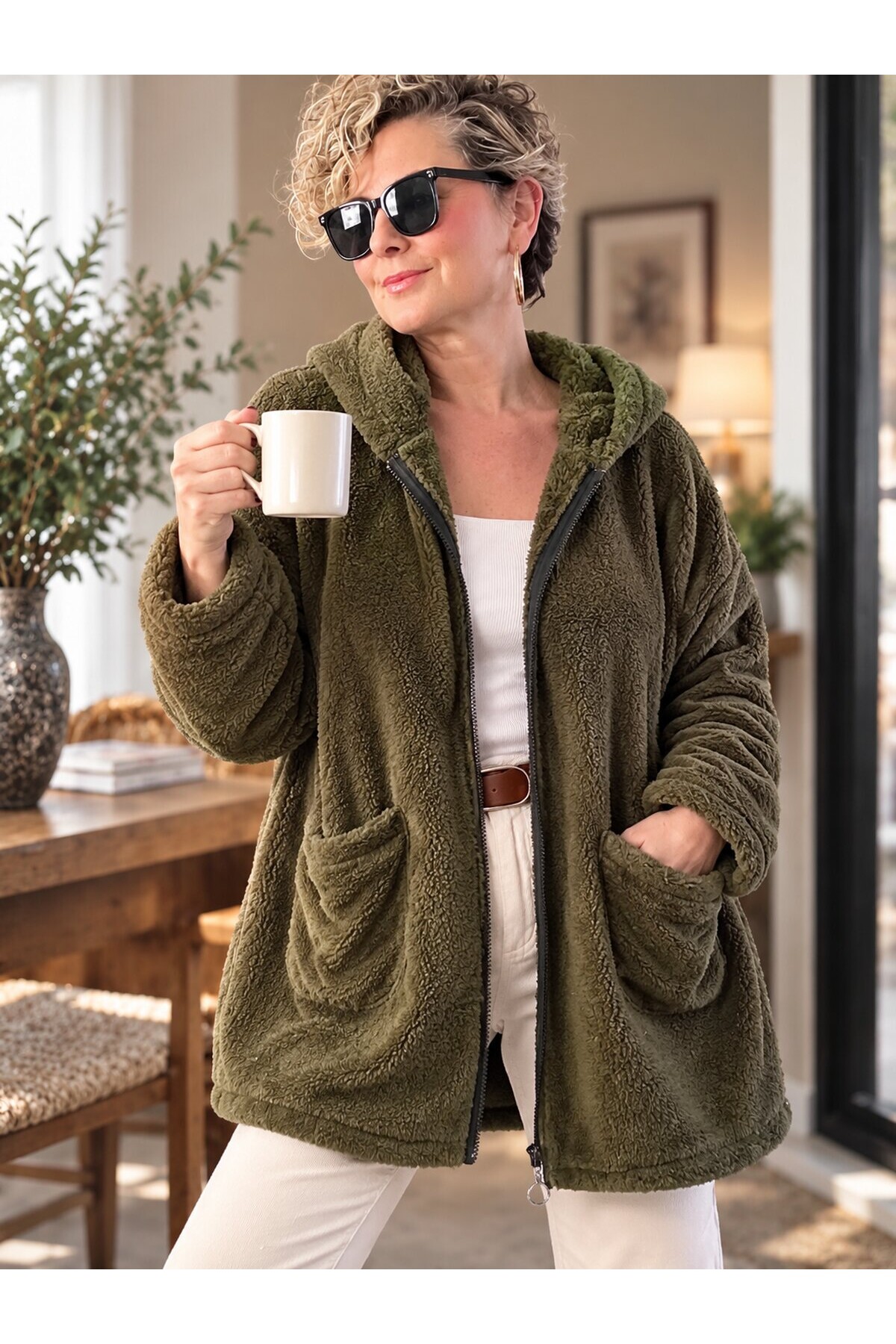 Nessa | Kapüşonlu Oversize Polar Peluş Hırka Haki