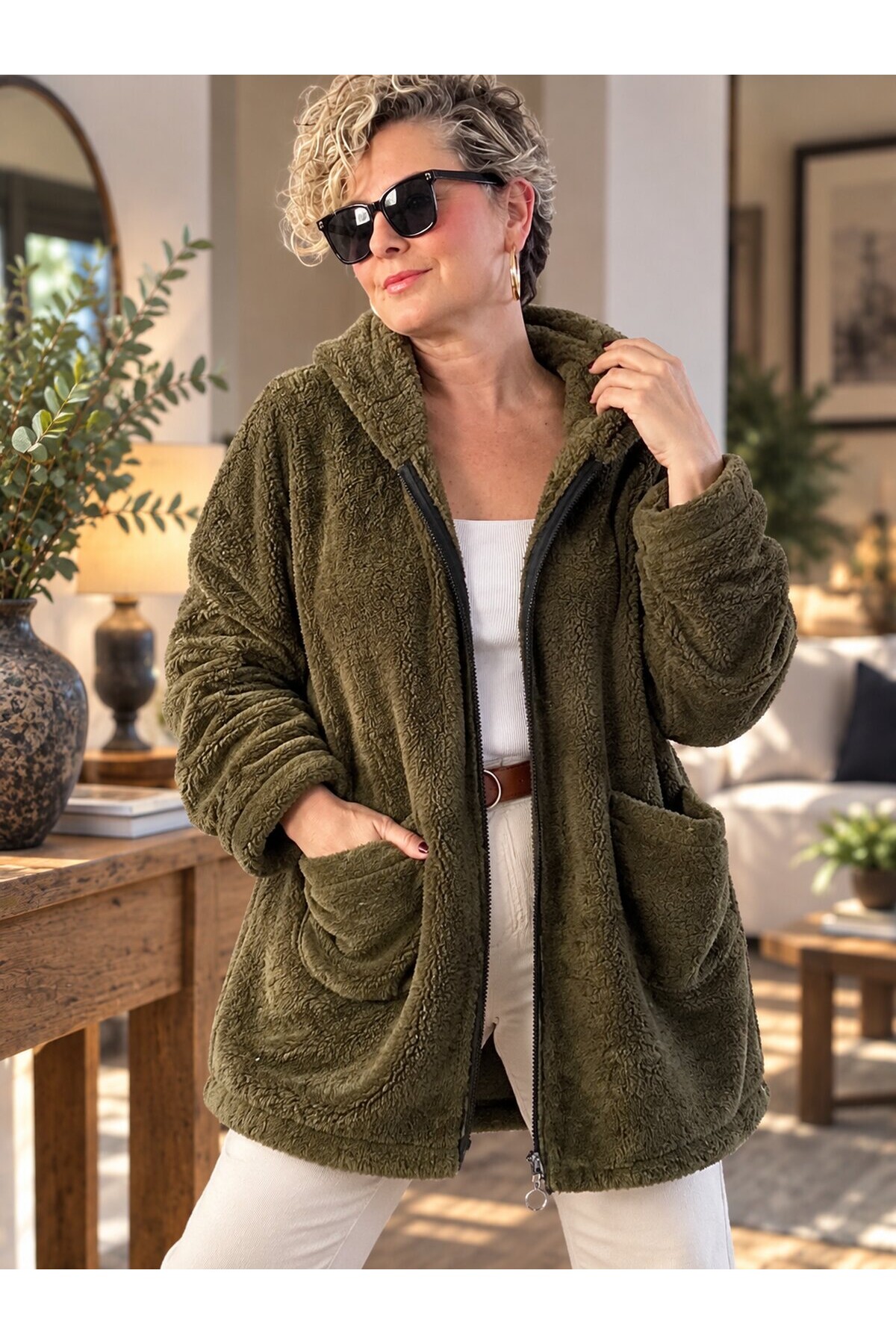 Nessa | Kapüşonlu Oversize Polar Peluş Hırka Haki