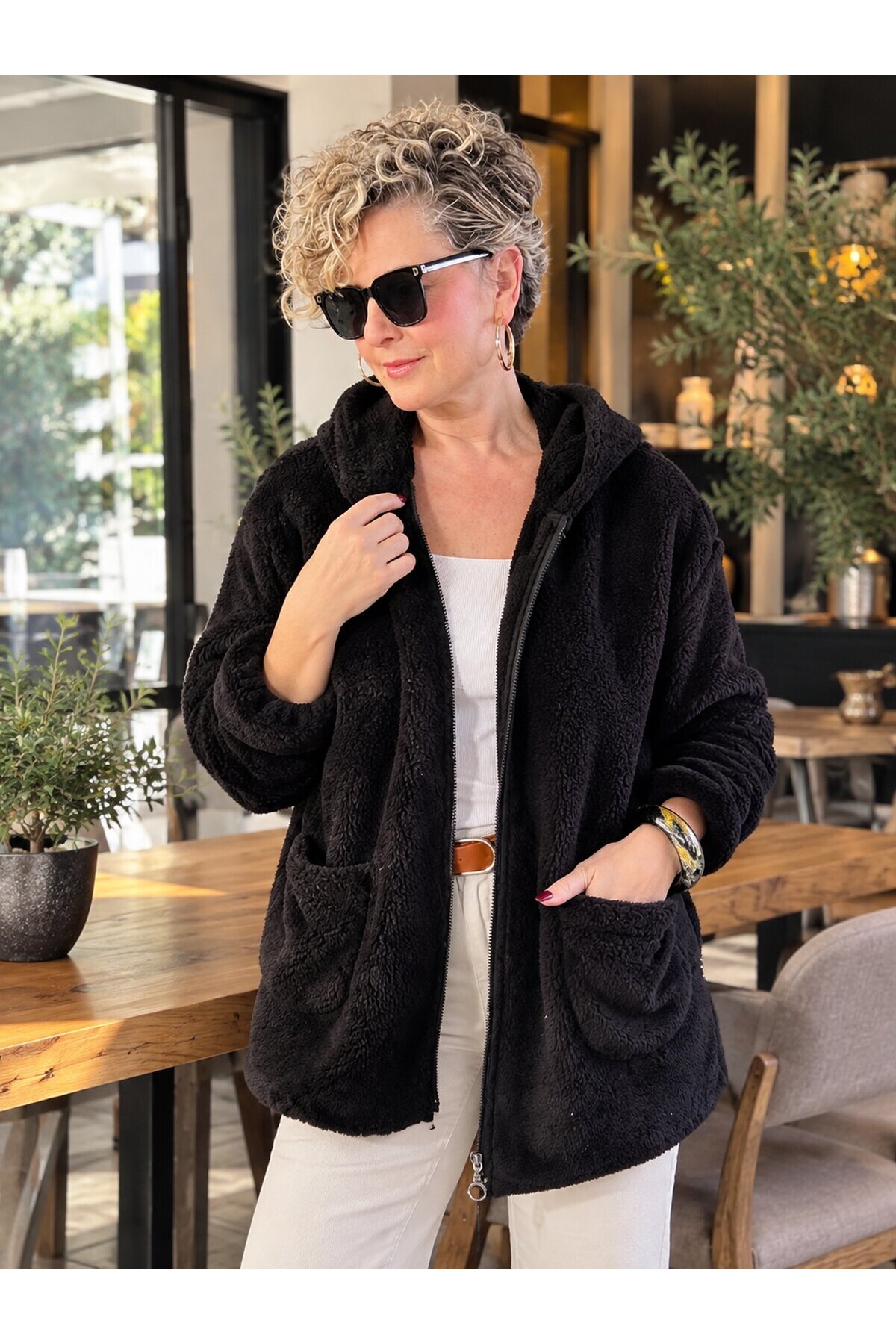 Nessa | Kapüşonlu Oversize Polar Peluş Hırka Siyah