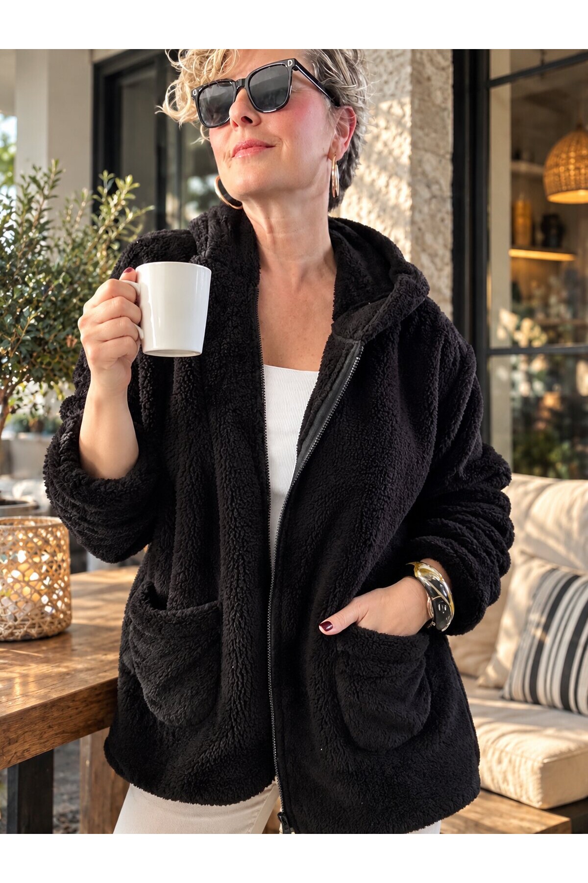 Nessa | Kapüşonlu Oversize Polar Peluş Hırka Siyah