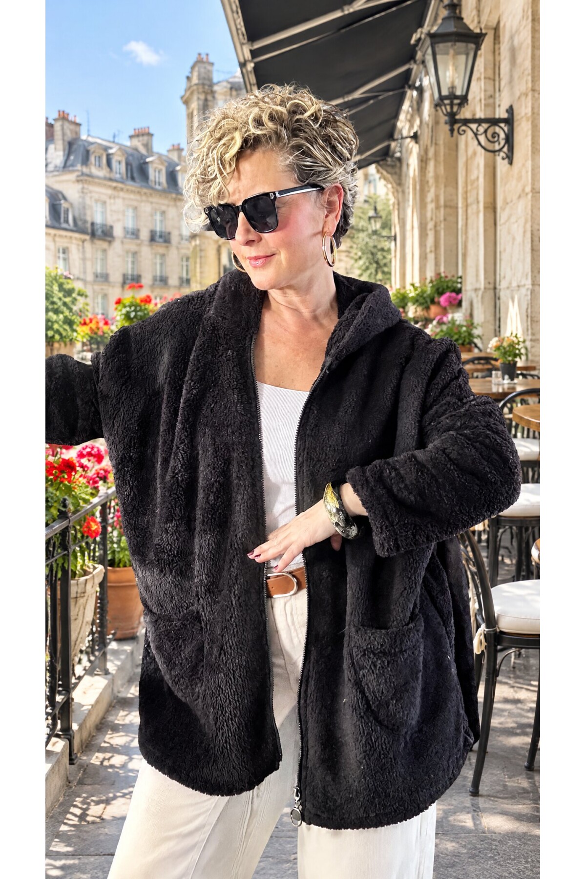 Nessa | Kapüşonlu Oversize Polar Peluş Hırka Siyah