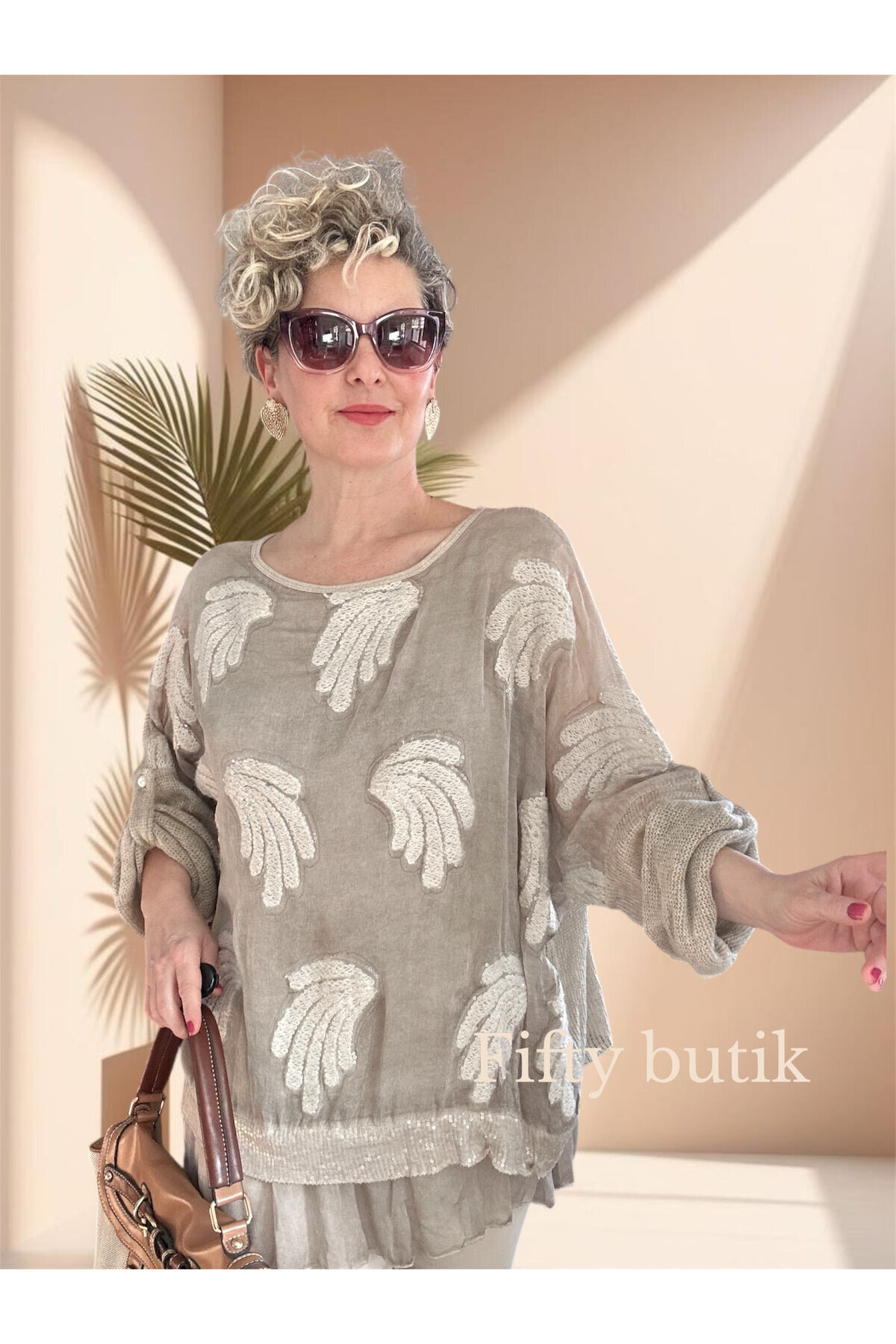 Pitti İthal Pul Payet İşleme Detay Triko Bluz Beige