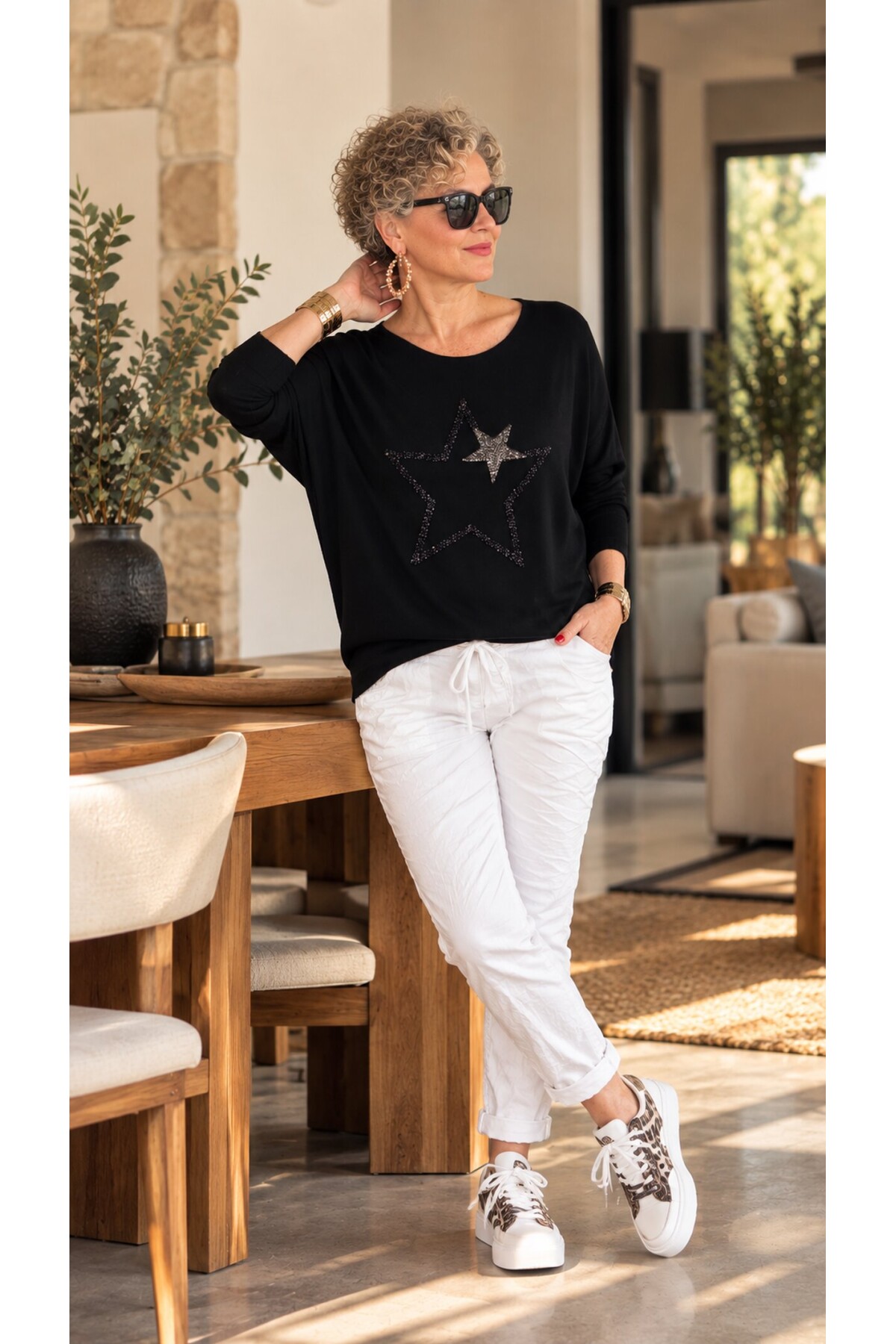 Rima | İthal Çift Yıldız Detaylı Dökümlü Triko Bluz Black