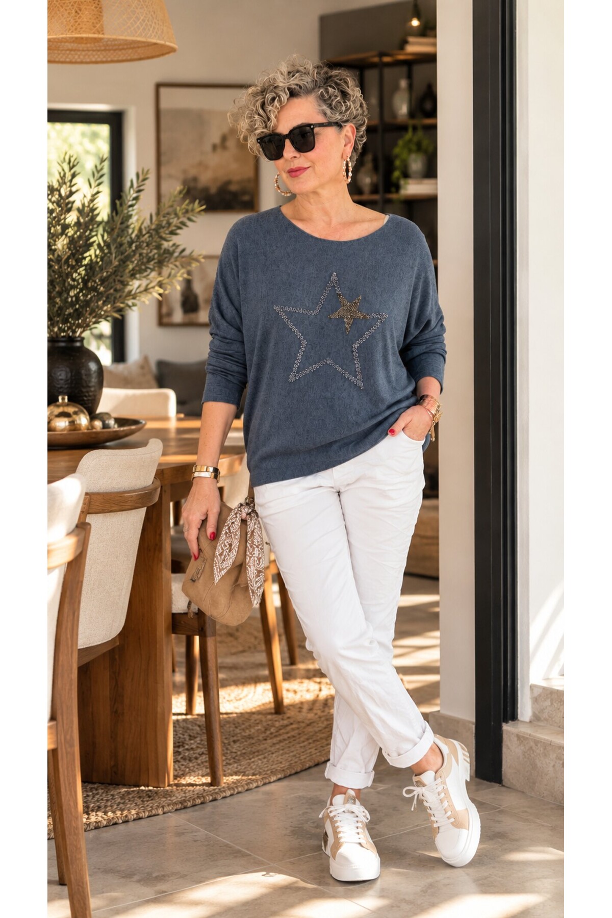 Rima | İthal Çift Yıldız Detaylı Dökümlü Triko Bluz Dark Jeans Mavi