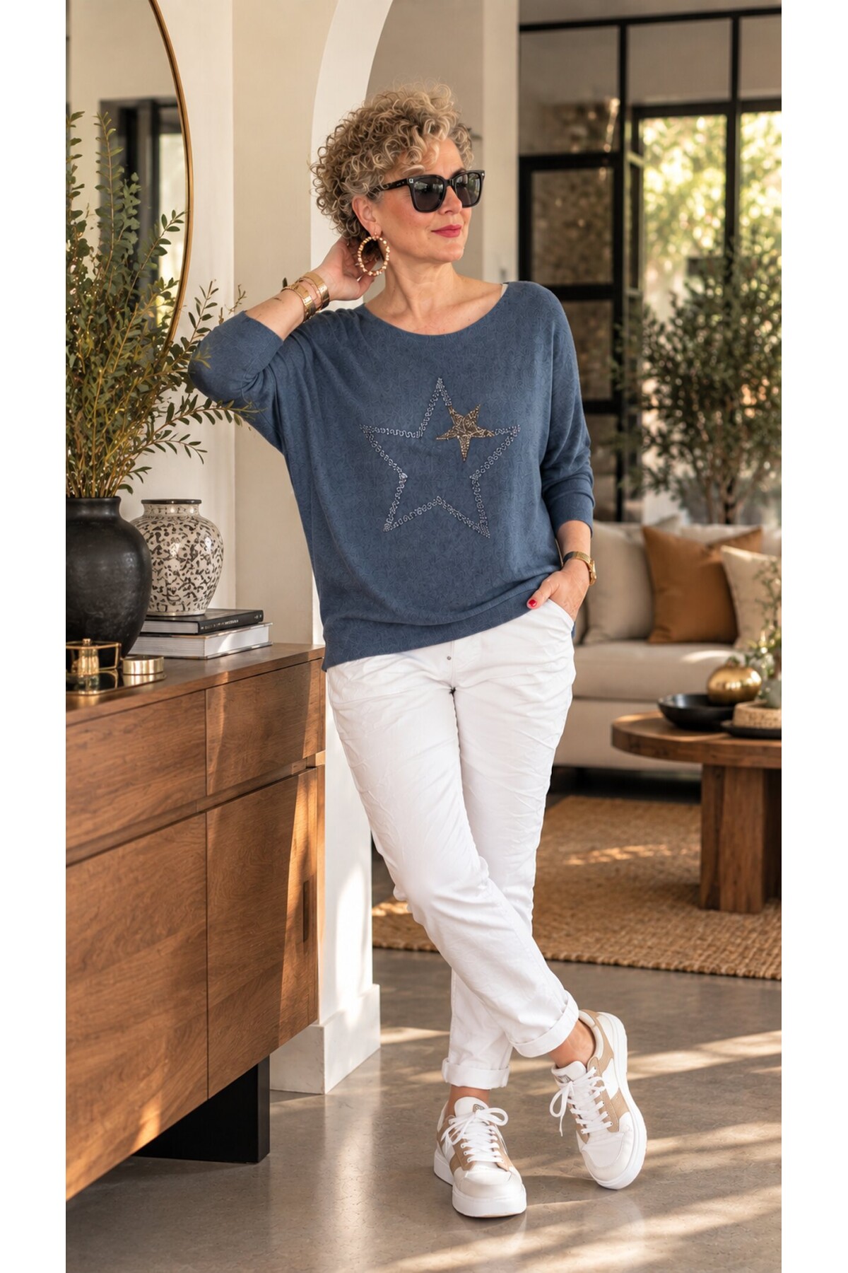 Rima | İthal Çift Yıldız Detaylı Dökümlü Triko Bluz Dark Jeans Mavi