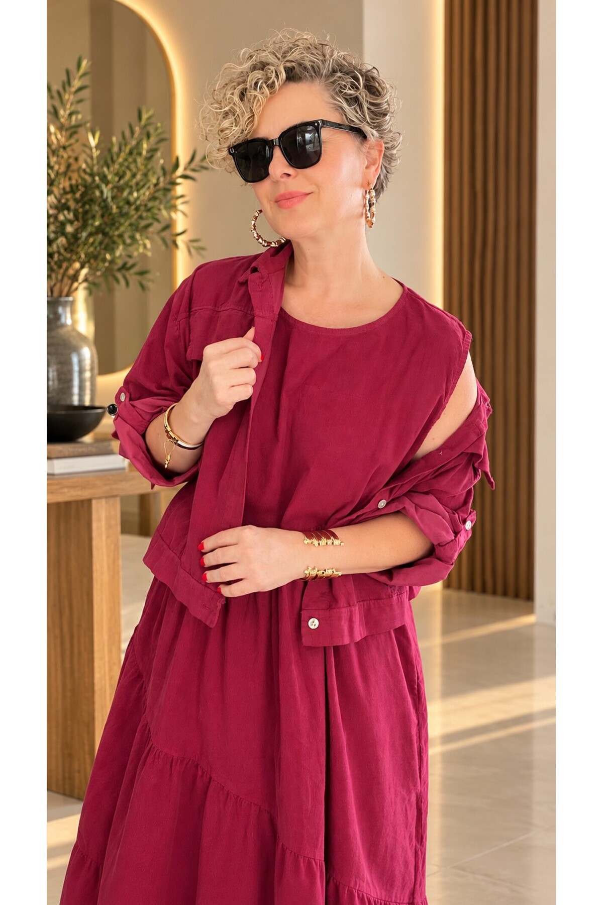 Rossa | İthal %100 Kadife Ceket & Kolsuz Elbise Takımı Bordo