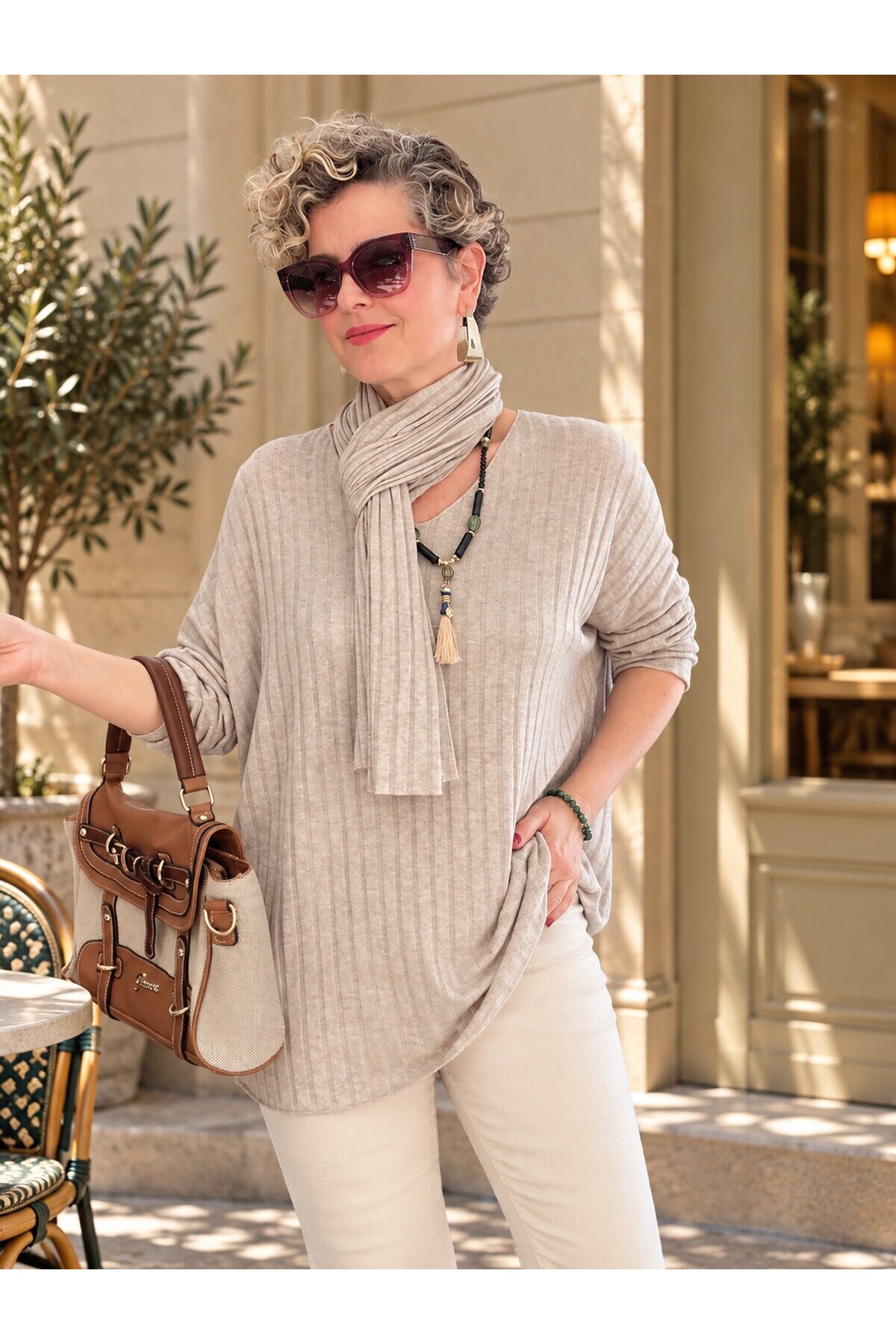 Rossi İtalyan Fularlı Tasarım Triko Bluz Beige