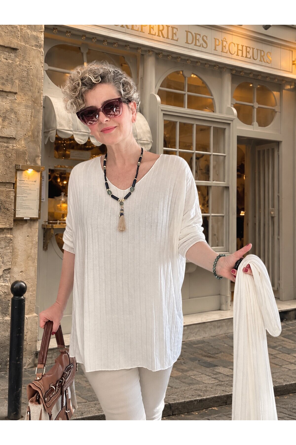 Rossi İtalyan Fularlı Tasarım Triko Bluz White
