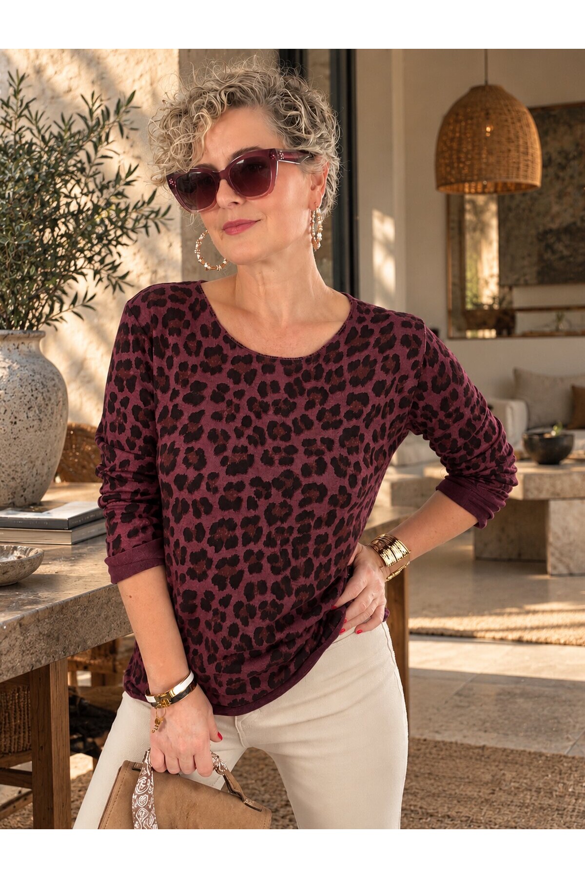 Vera | İthal Leopar Desenli Triko Bluz Bordo