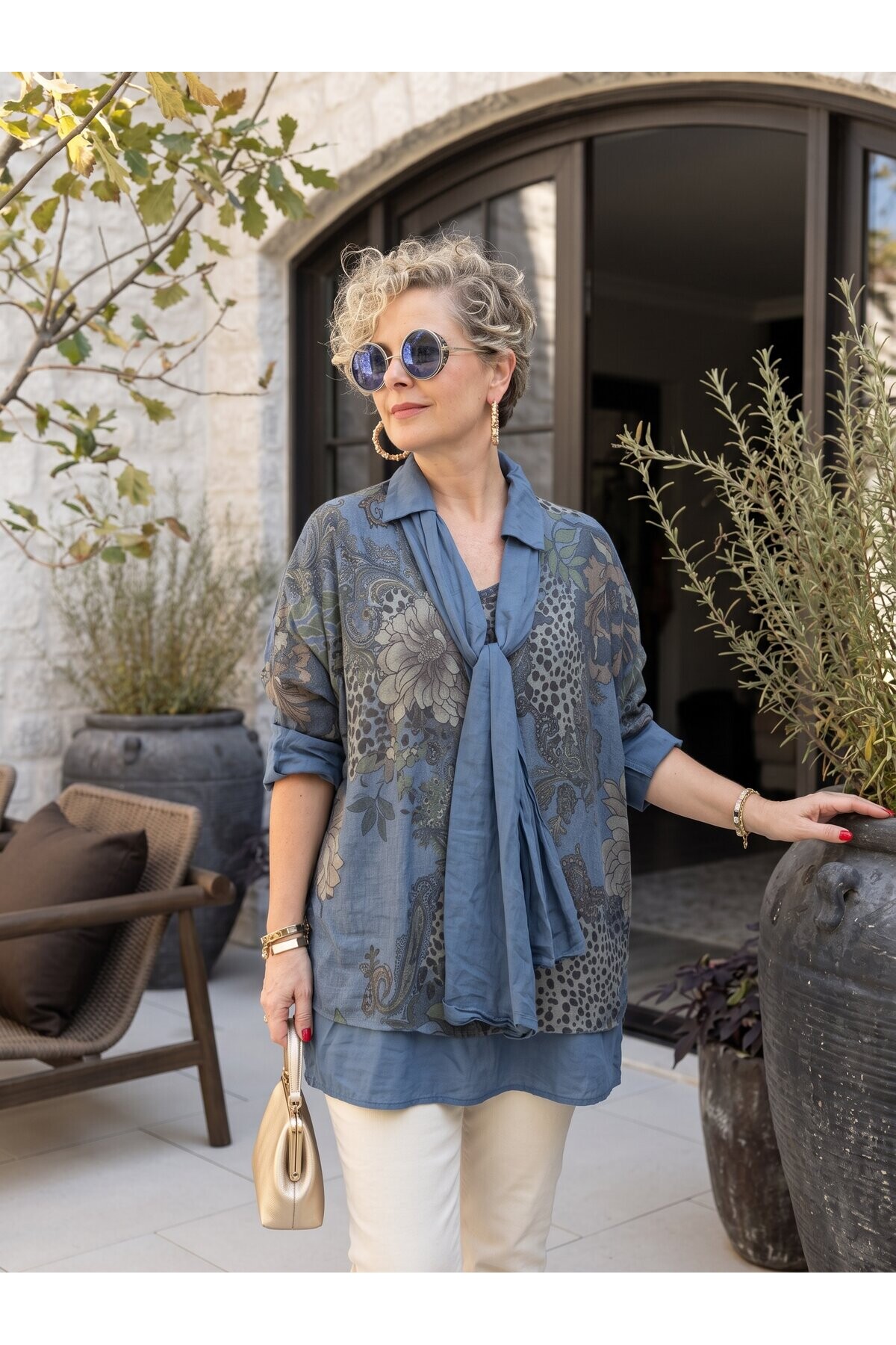 Vesso | İthal 3lü Takım: Polo Yaka Bluz, Çiçekli Triko & Fular Seti Jeans Mavi