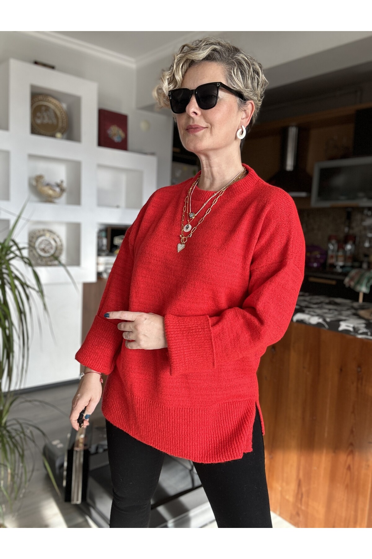 Barbo İpi Simli Vip Triko Kol Detay Kırmızı