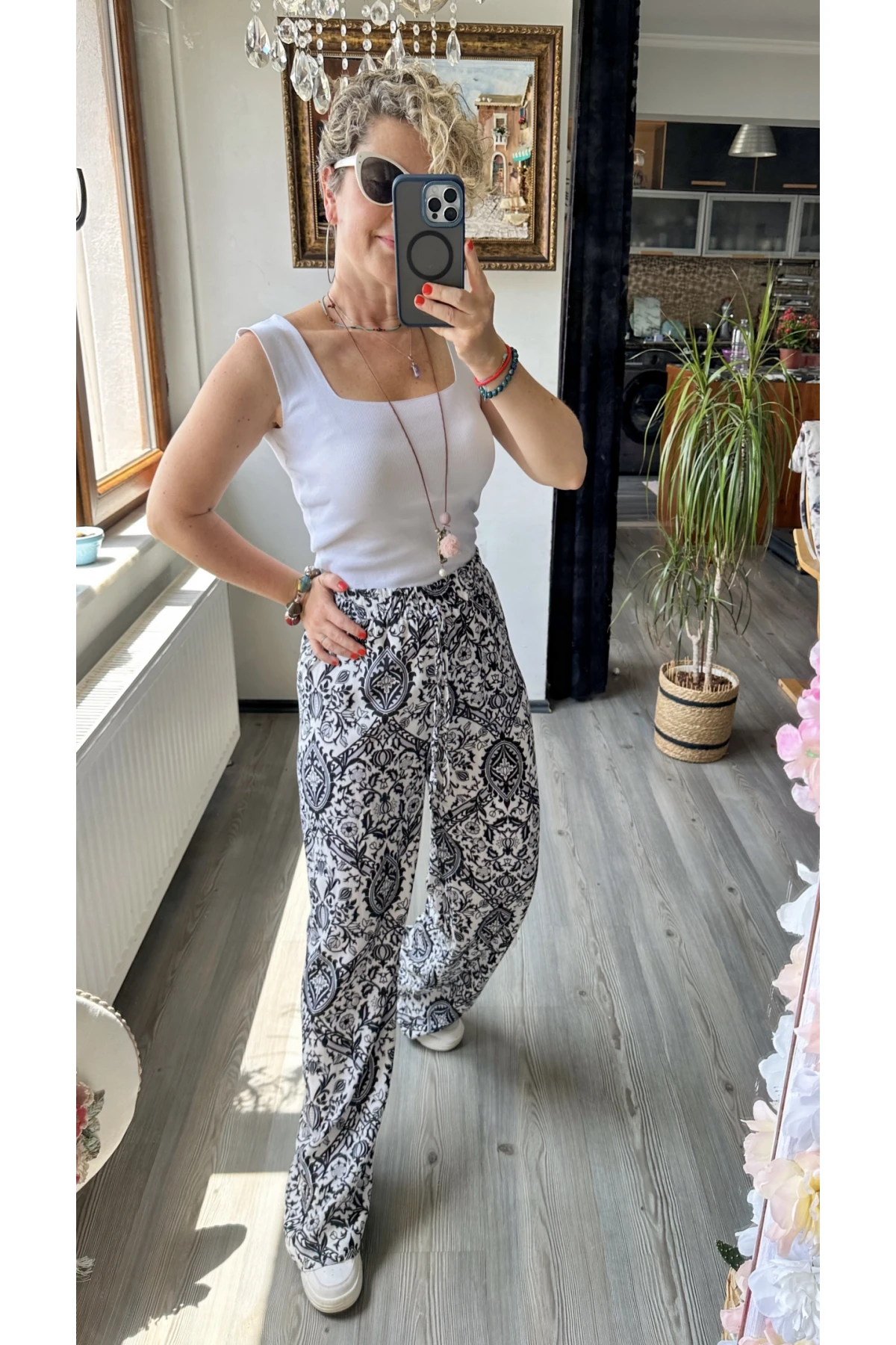 Carmen Şal Desen Pantolon Siyah Beyaz