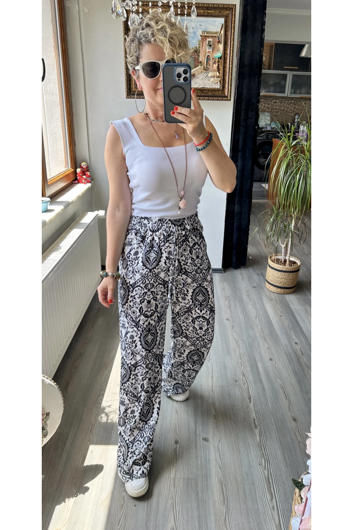 Carmen Şal Desen Pantolon Siyah Beyaz