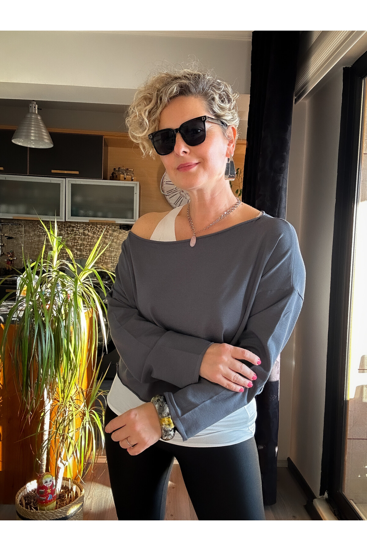 Kiju Tasarım Atletli Viskon Bluz Antrasit