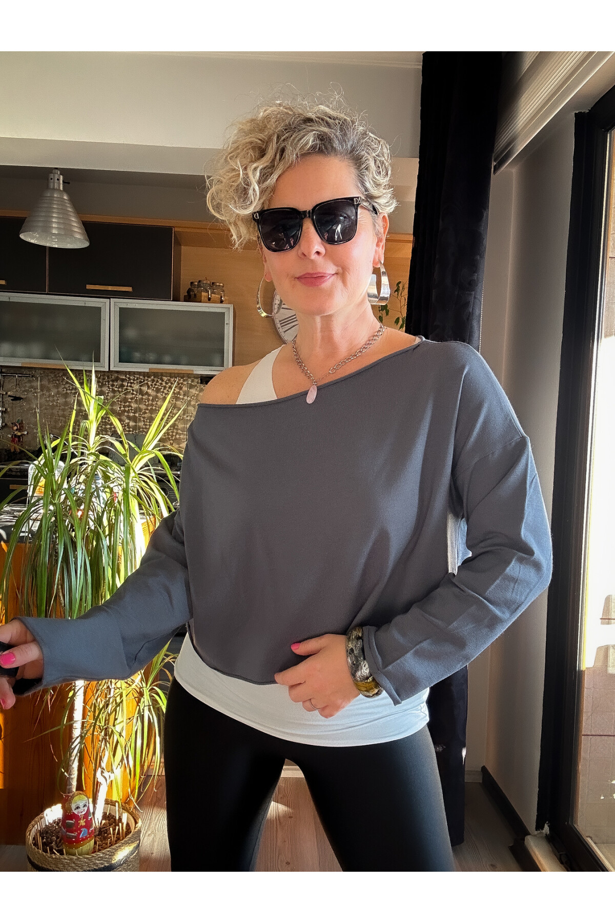 Kiju Tasarım Atletli Viskon Bluz Antrasit