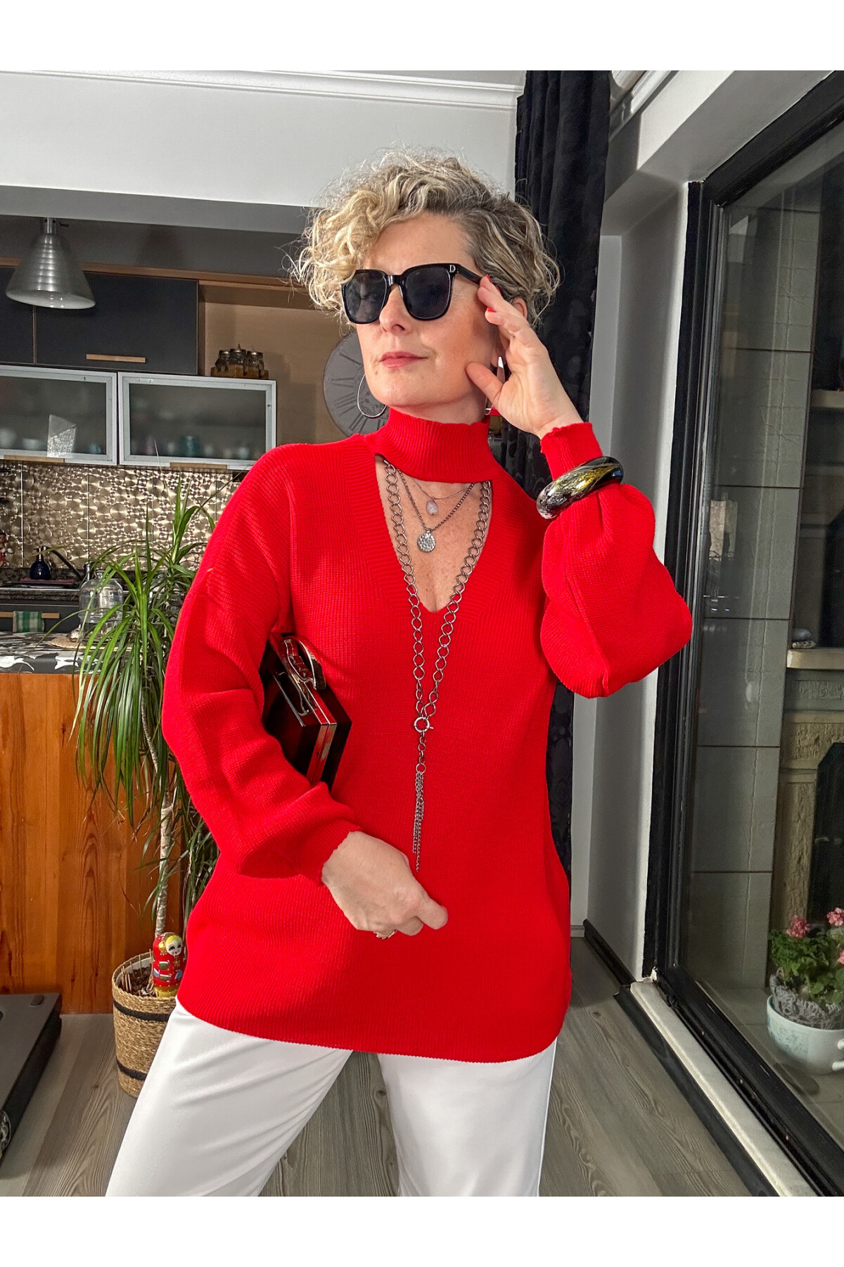 Kisas Balıkçı Detaylı Merserize Triko Kırmızı