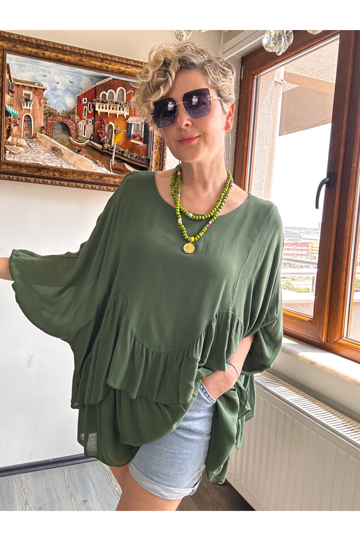 Lizza Etek Kısım Volanlı Pamuk Bluz Haki Yeşil