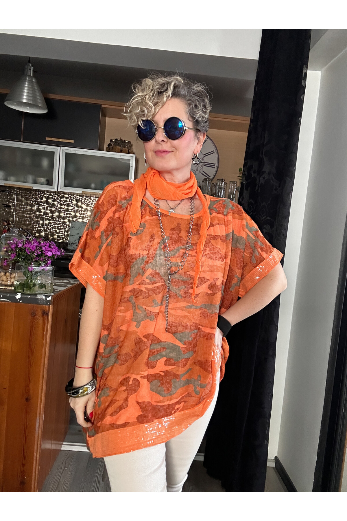 Mamma Mia Fularlı Etek Pul Kamuflaj Bluz Turuncu