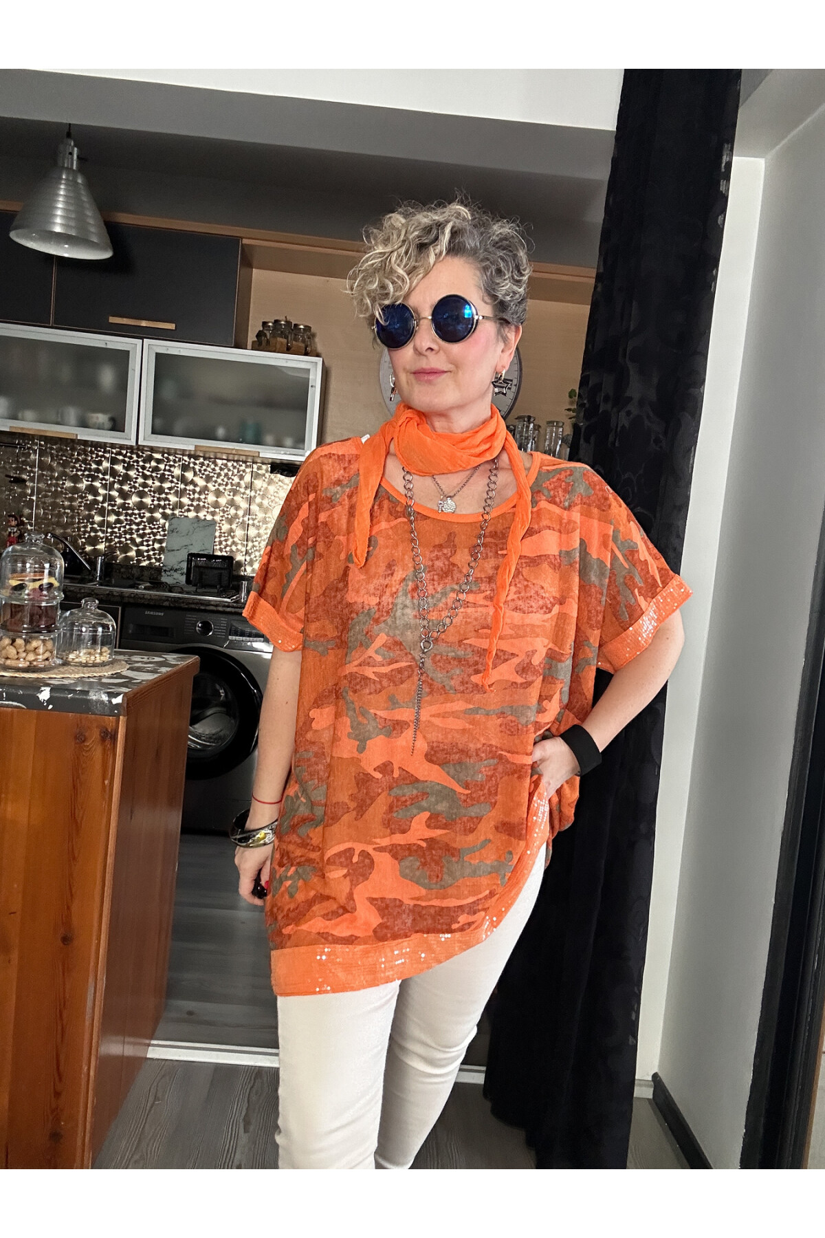 Mamma Mia Fularlı Etek Pul Kamuflaj Bluz Turuncu