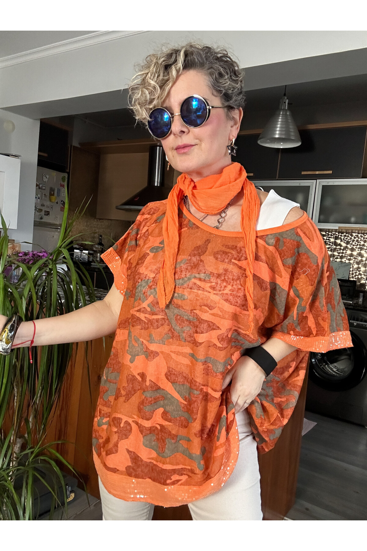 Mamma Mia Fularlı Etek Pul Kamuflaj Bluz Turuncu