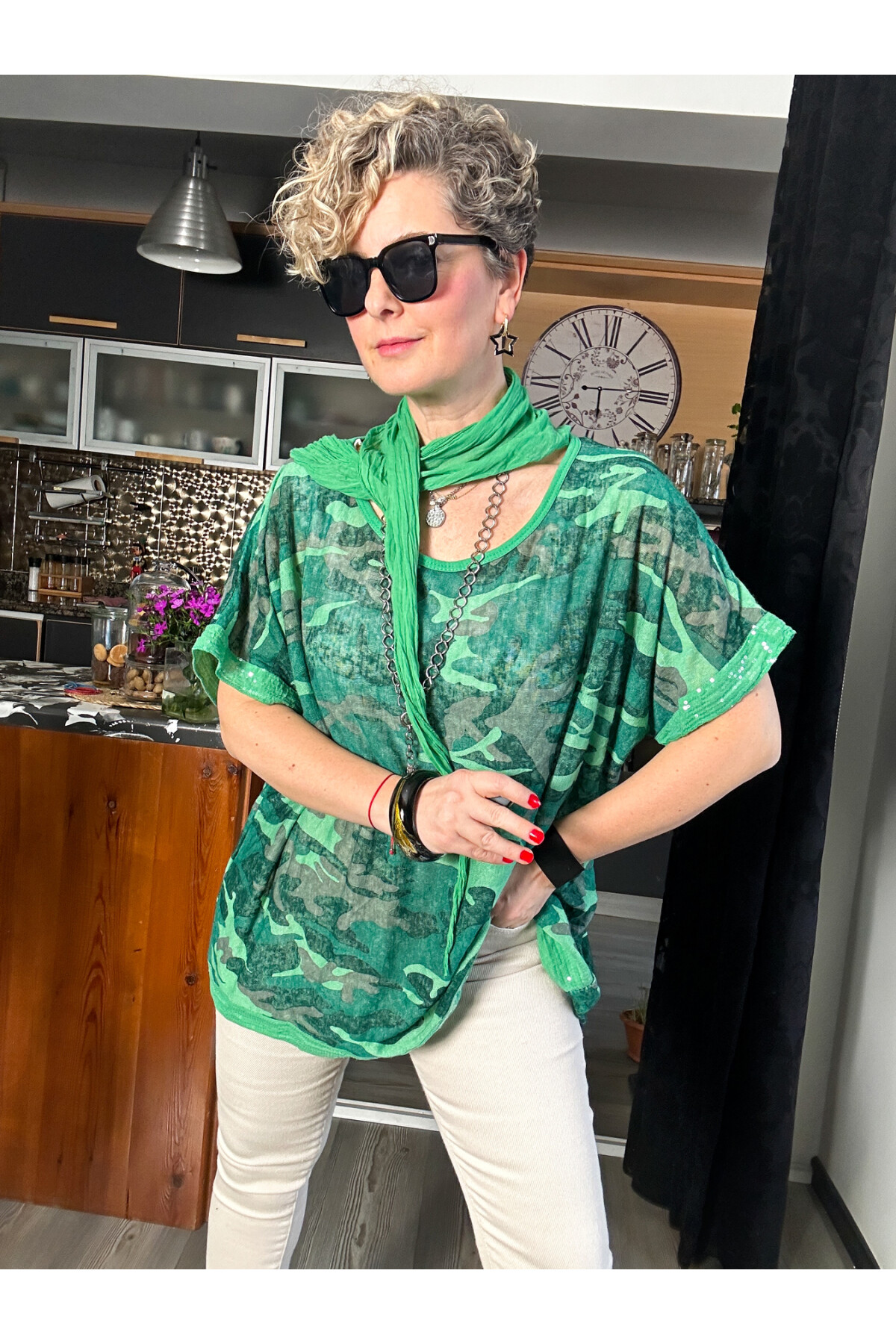 Mamma Mia Fularlı Etek Pul Kamuflaj Bluz Yeşil