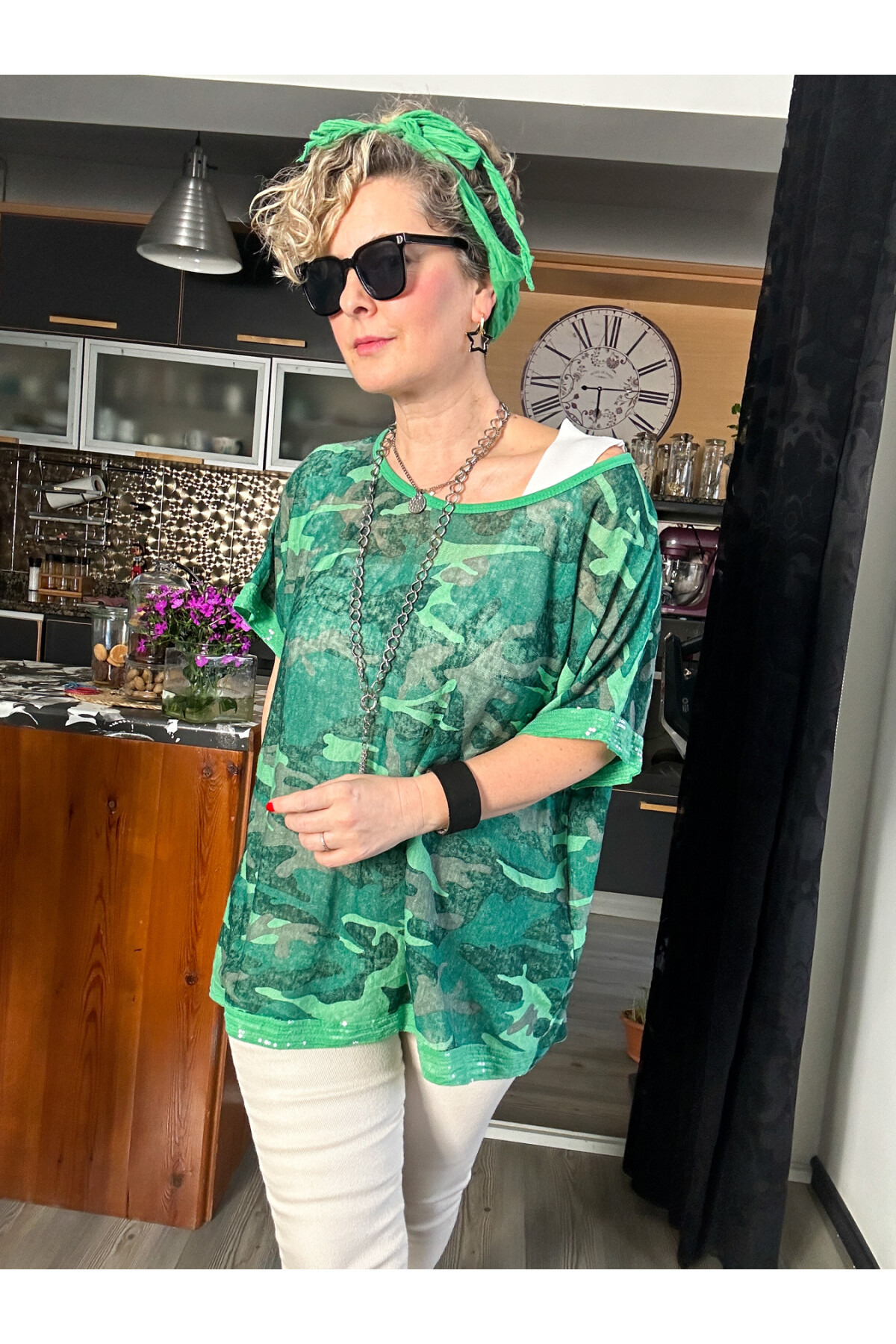 Mamma Mia Fularlı Etek Pul Kamuflaj Bluz Yeşil