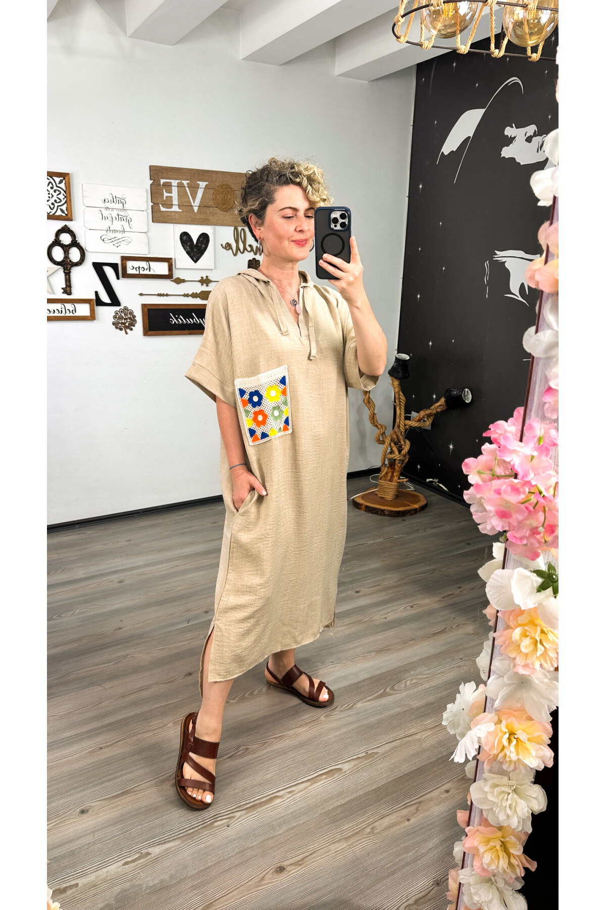 Milus Tasarım Cep Detay Kapşon Elbise Bej