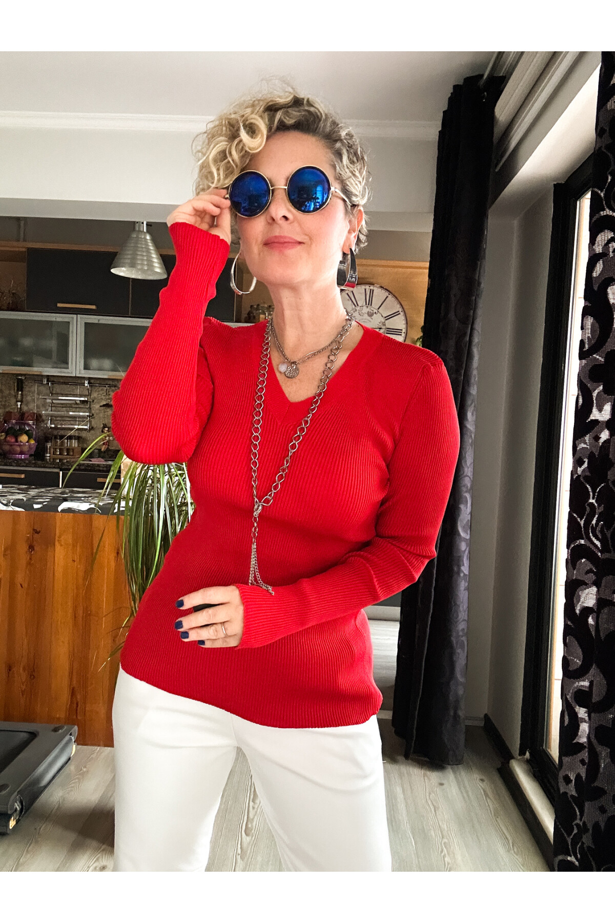 Mixx V Yaka Likralı Triko Bluz Kırmızı